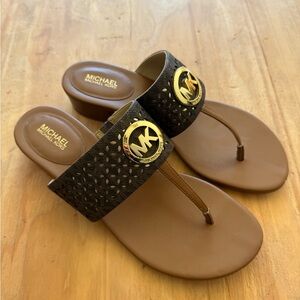 Michael Kors Black and Brown Sandals with Gold Accents
